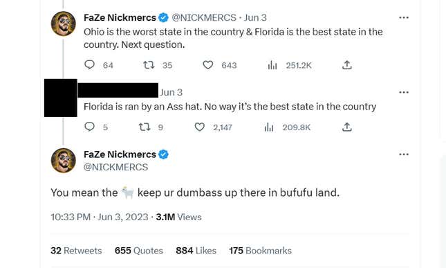 A screenshot shows Nickmercs defending Ron Desantis on Twitter. 